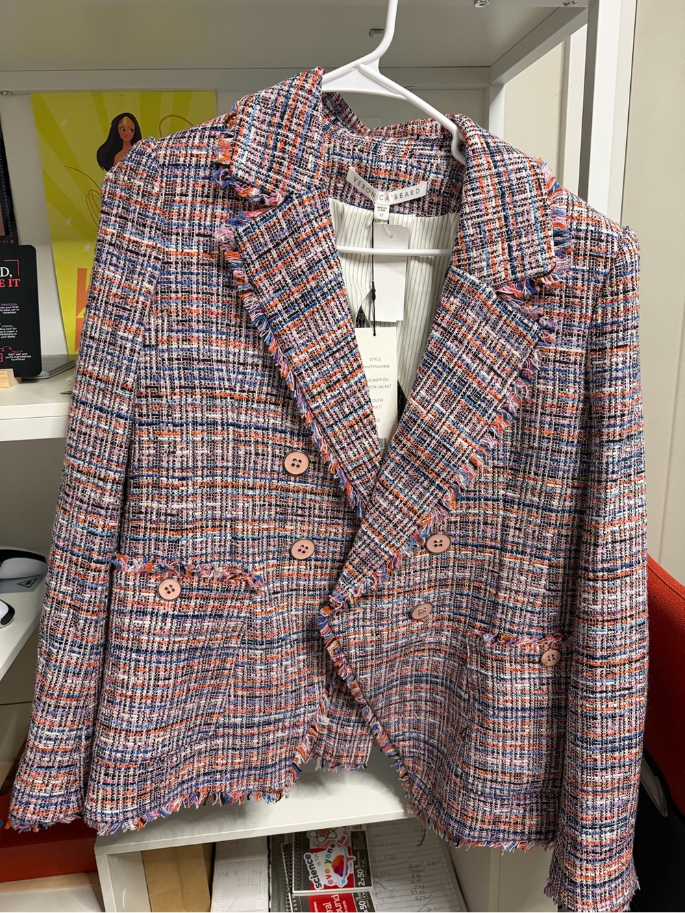 Veronica Beard Pink & Blue Tweed Double-Breasted Frayed Blazer 12 NWT